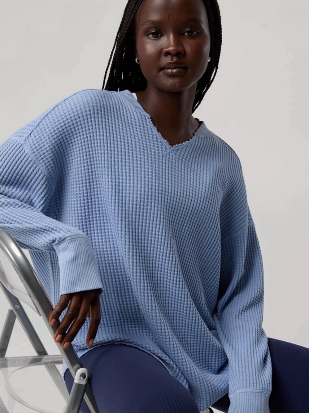 Aerie Offline Wow! Waffle Knit Notch Neck Long Sleeve in Monaco Blue